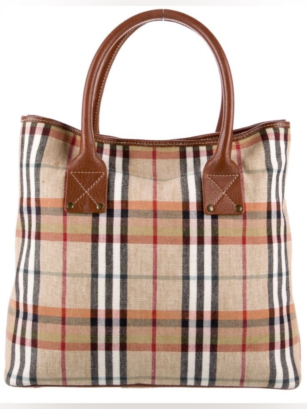 Burberry Nova Check Plaid Brown Tan Leather Canvas Tote Bag Purse